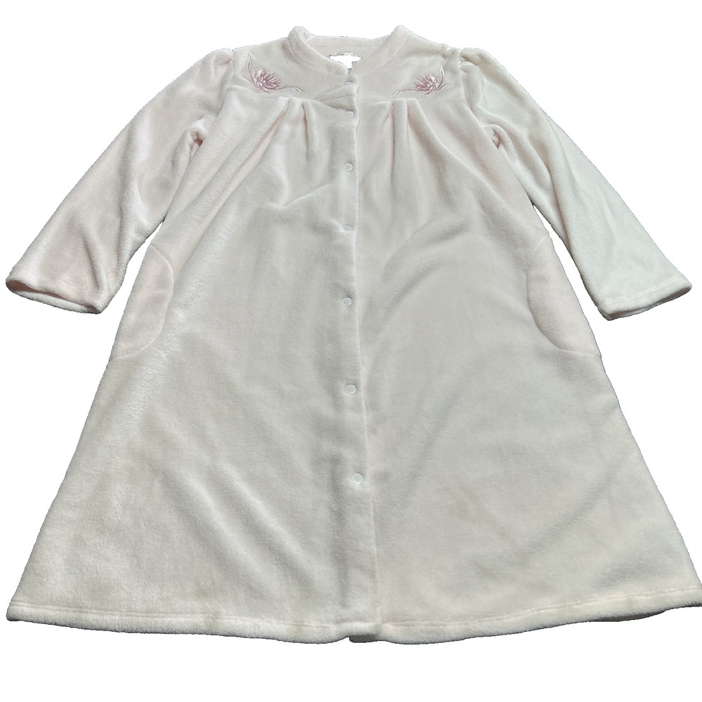 Earth Angels Embroidered Fleece Snap Front Robe Size L Pink Comfy House Coat
